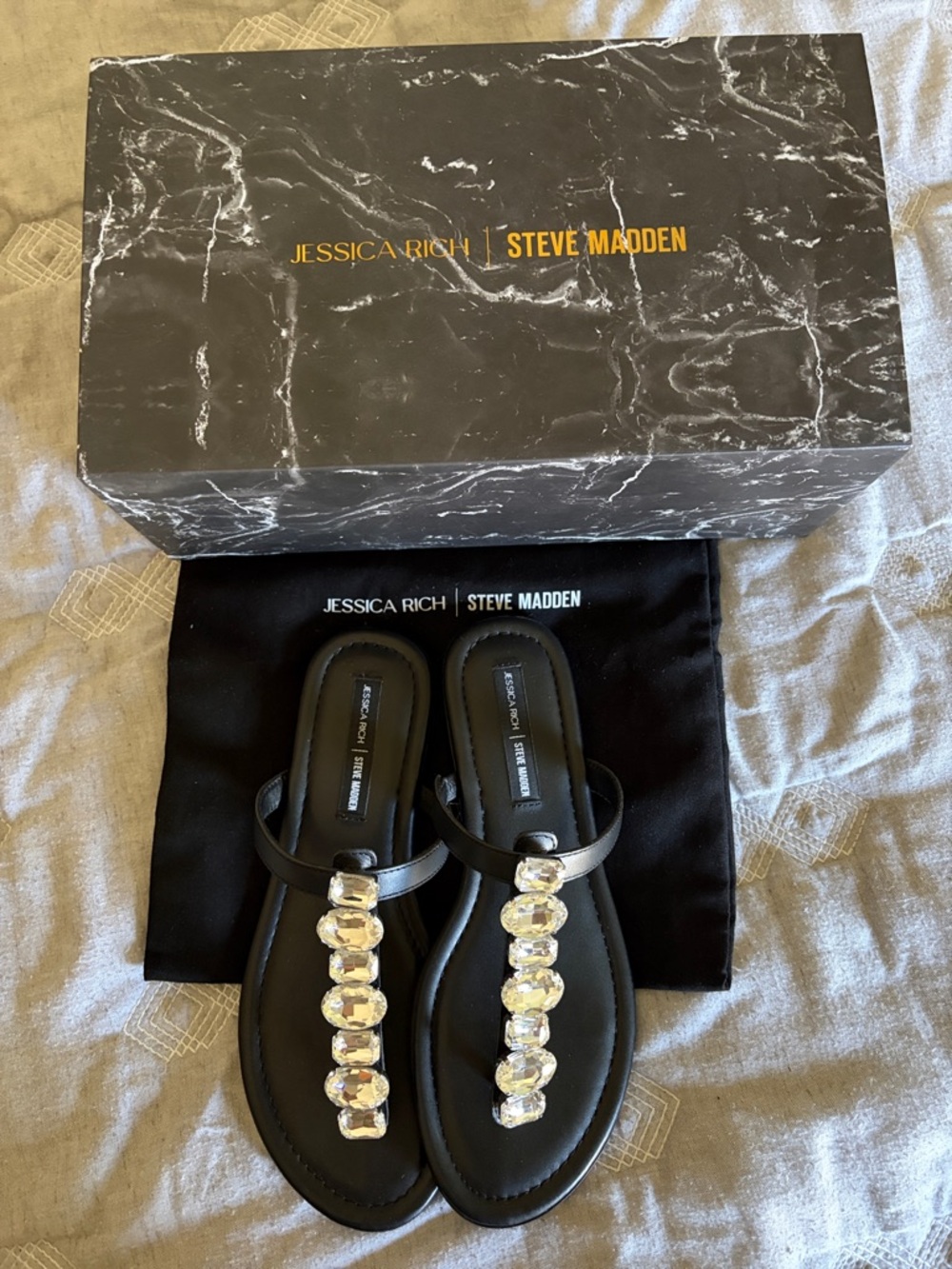 Steve Madden Black T-Strap Sandals with Clear Gem Accents